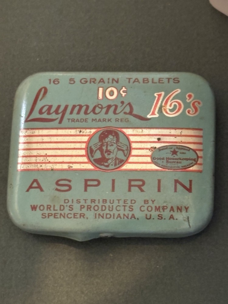 Aspirin Tin Laymon’s 16’s Pure Aspirin Tablet Tin Empty 10 cents Vtg