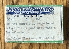Vintage Cullman Alabama Pill Box Medical Pharmacy People’s Drug Co. 1944 WW2