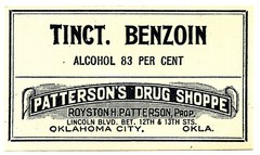 Antique Pharmacy Label TINCTURE BENZOIN Patterson’s Drug Shoppe Oklahoma City OK