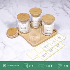 INIUNIK Qtip Holder with Vanity Tray – 4 Pack Glass Apothecary Jars with Lids…