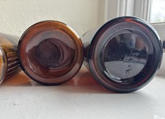 Three Antique Amber Glass Apothecary Medicine Bottles + Labels, Stopper & Cork