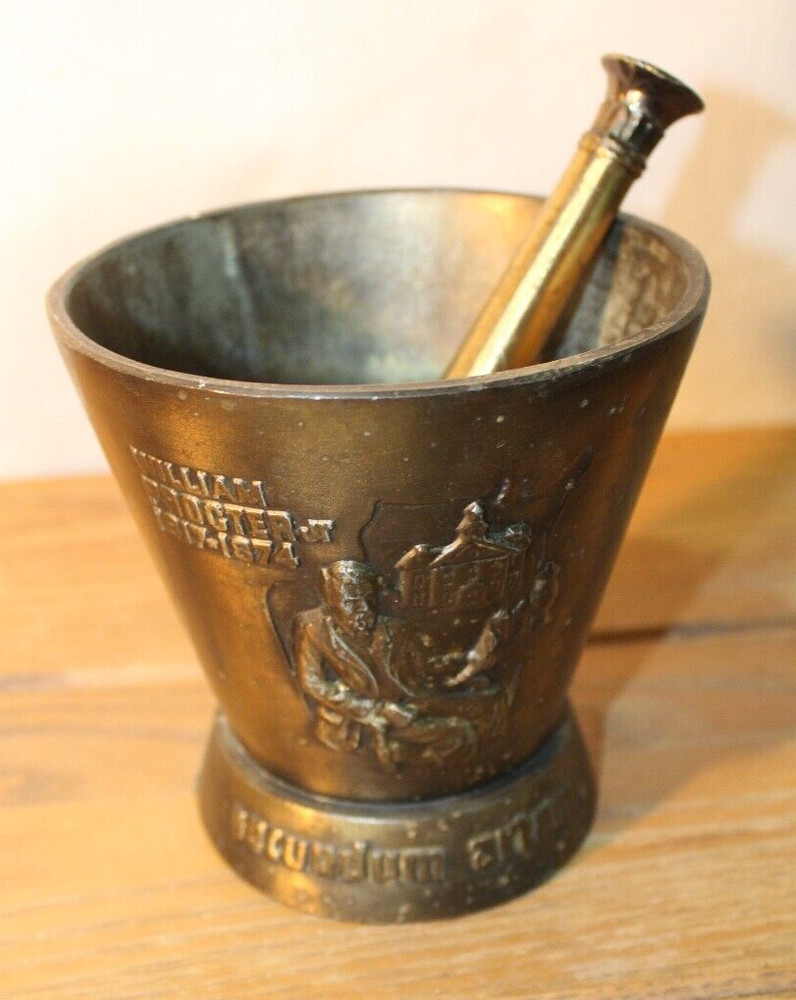 Antique Vtg Mortar and Pestle Brass Pharmacy Rx Wm Proctor 4 3/8″ T x 4 3/4″ D