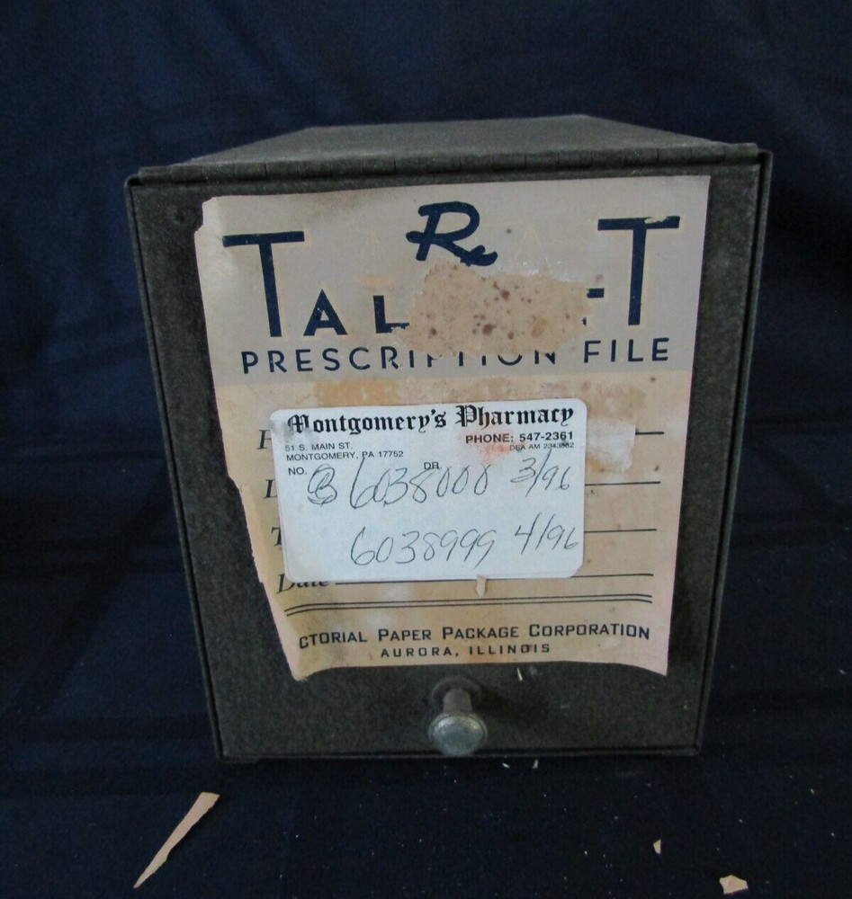 Vintage Talbot Prescription File- Metal Box- Montgomery PA- Miller’s Pharmacy #1