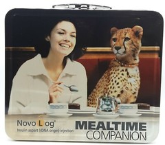 Vintage Pharmaceutical Drug rep collectibles 1970s lady cheetah at lunch tin box