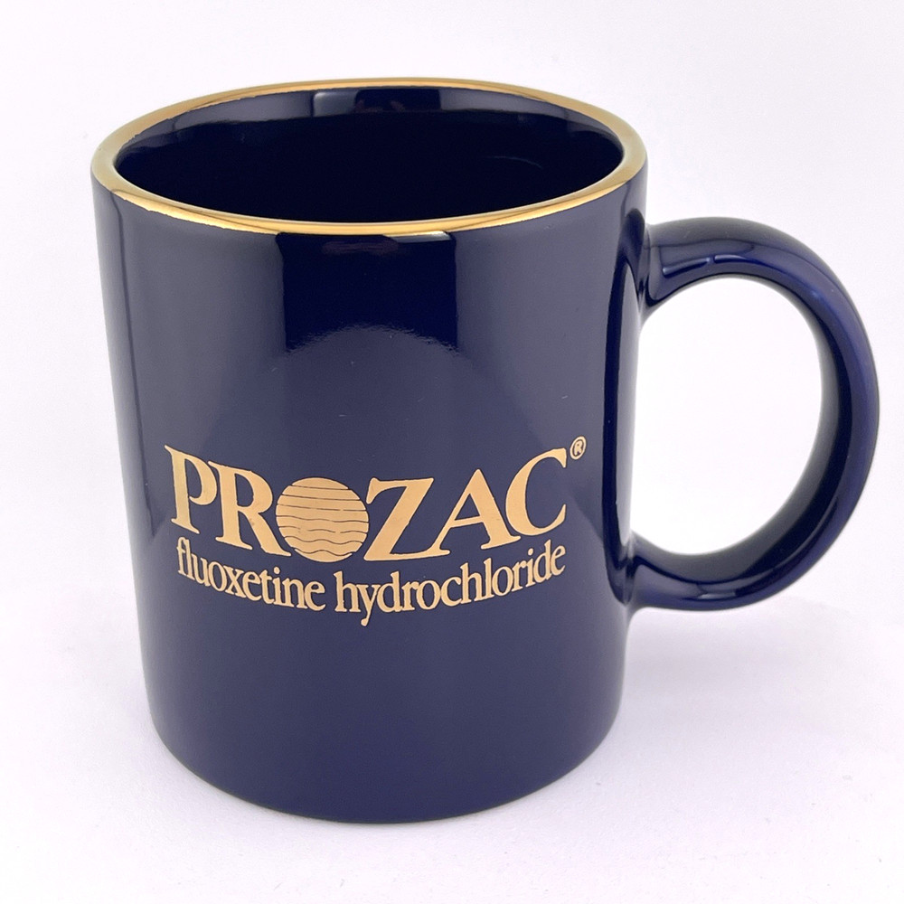 Vintage Prozac Mug Advertising Blue Gold Rim Coffee Pharmaceutical Cup Mug Linyi