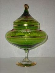 12″ Green Apothecary Jar Canister Circus Tent Lid Vtg Hand Blown Xmas Poinsettia