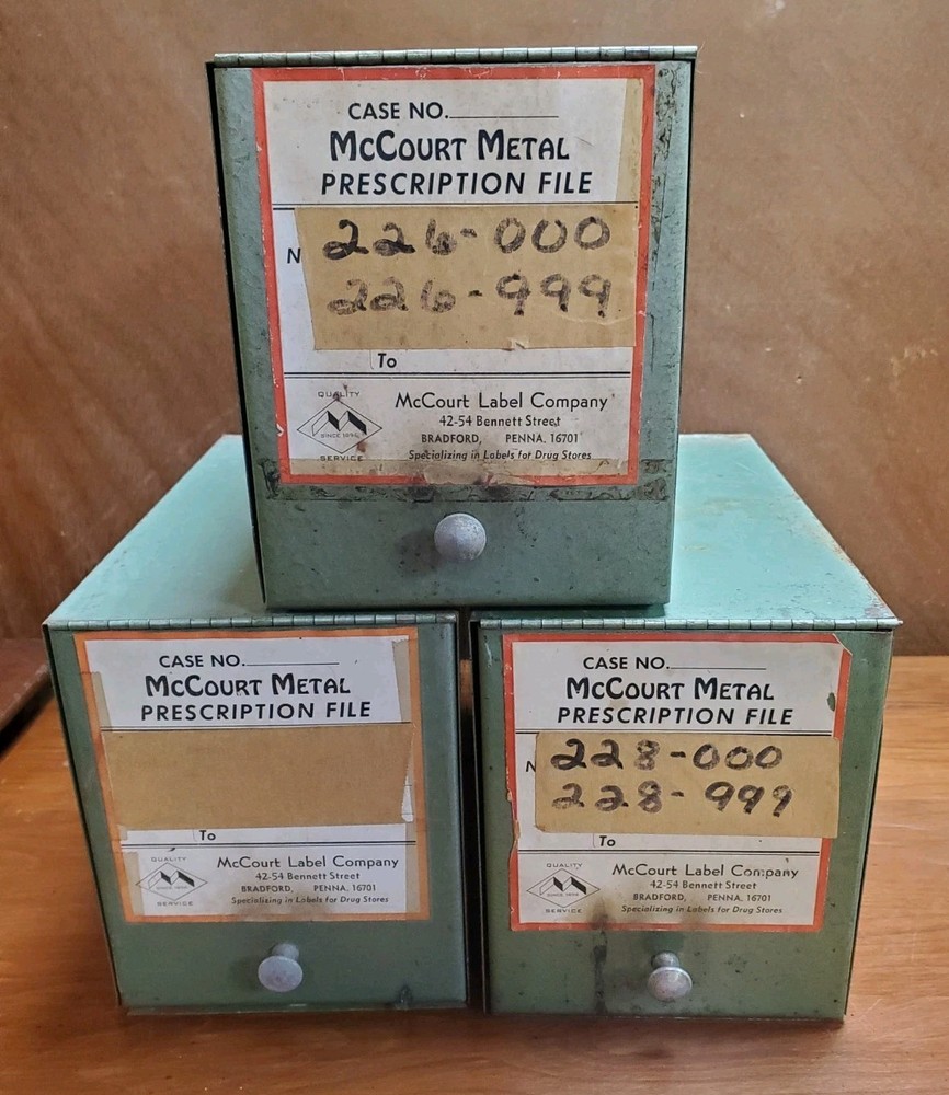 Lot Of 3 Vintage McCourt Metal Prescription File Boxes Bradford PA