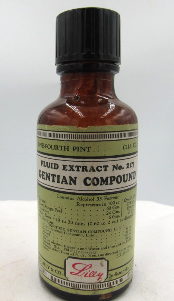 BW – 1950’s Eli Lilly Gentian Compound Indianapolis 5 1/4 Amber Medicine bottle