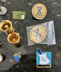 Vtg Pharmacy Pin Lot 1980 Pewter Figurine 1972 Stamp Pins Apothecary Rx Badge