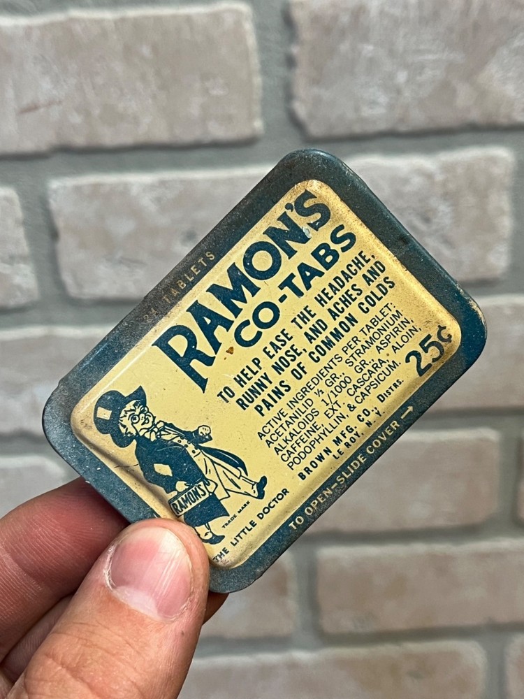Vintage Ramon’s Co-Tabs Headache Medicine Advertising Tin w/ Contents Brown Mfg