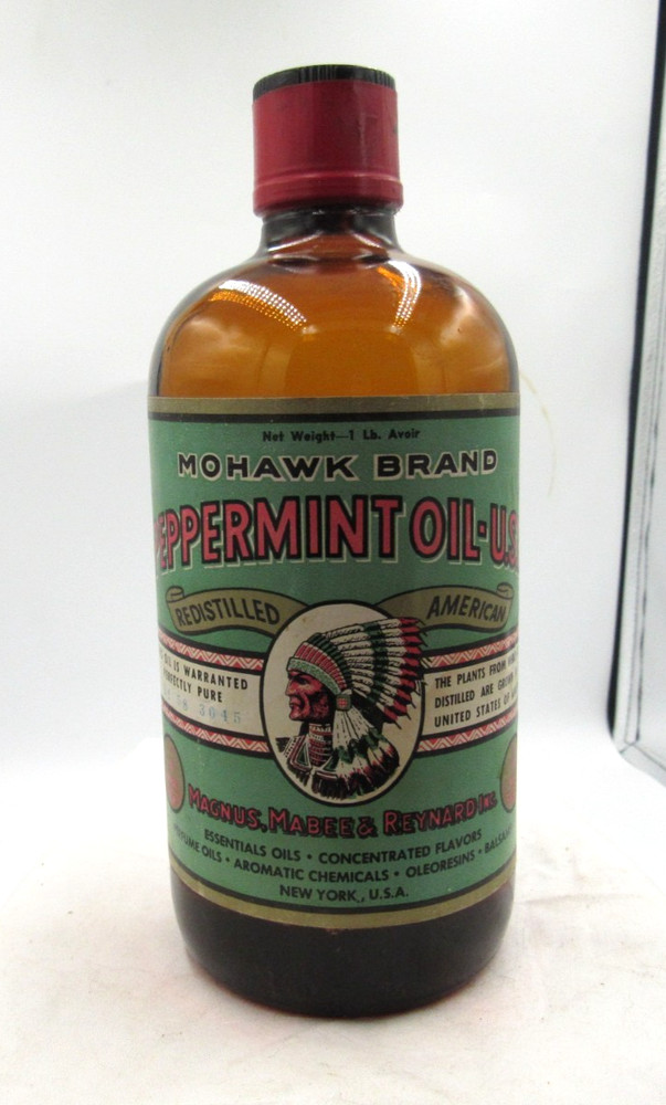 MM – 1950’s Magnus, Mabee & Reynard NY Indian Peppermint Oil 7 5/8″ Amber Medici