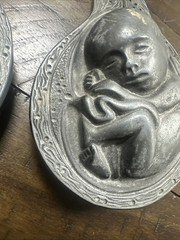 2 Parke-Davis TABRON 1950s Vintage Pharmaceutical Pewter Fetus Paperweight VGC