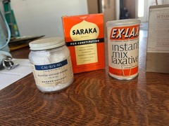 5 vintage stomach and laxative 1950’s including Bromosetzer cobalt bottle, exlax