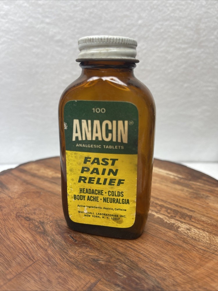 RARE vintage 1950s 1960s ANACIN Whitehall pharmaceutical glass bottle drugs pill