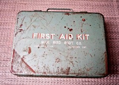 VTG Metal First Aid Kit Box BLUE BIRD BODY CO. Coach Heavy Steel #116 Bluebird