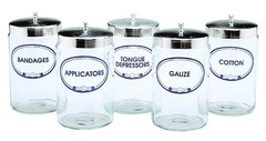 Glass Sundry Jars – Set of 5 – Labeled ‚Applicators, Bandages, Cotton, Gauze,…