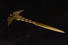 Vintage Brass Letter Opener Caduceus Medical 9″ 5.4oz