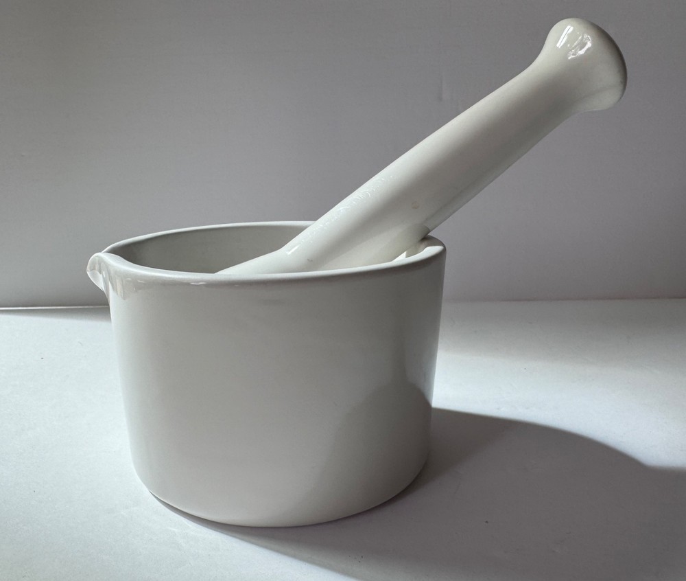 Vintage Mid-Century MCM Lab Heavy White Porcelain Cooper Mortar & Pestle 1950s