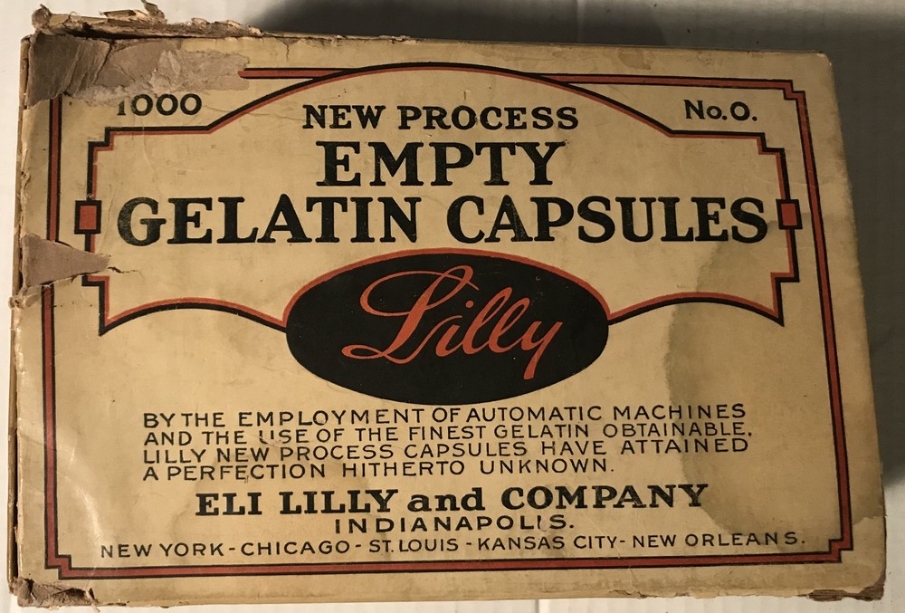 Vintage 1930’s Eli Lilly & Co New Process Empty Gelatin 1000 Capsules No. 0 Box