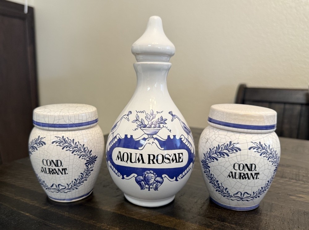 Vintage Set of 3 Apothecary Jars with Lids Herr Keramik Aqua Rosae Cond Aurant