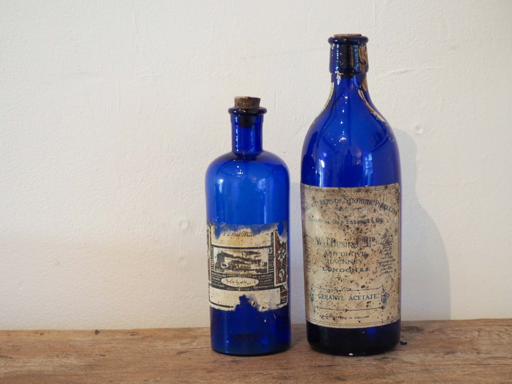 Antique Victorian Blue Bottle with Stopper and Original Label -Sold Individually