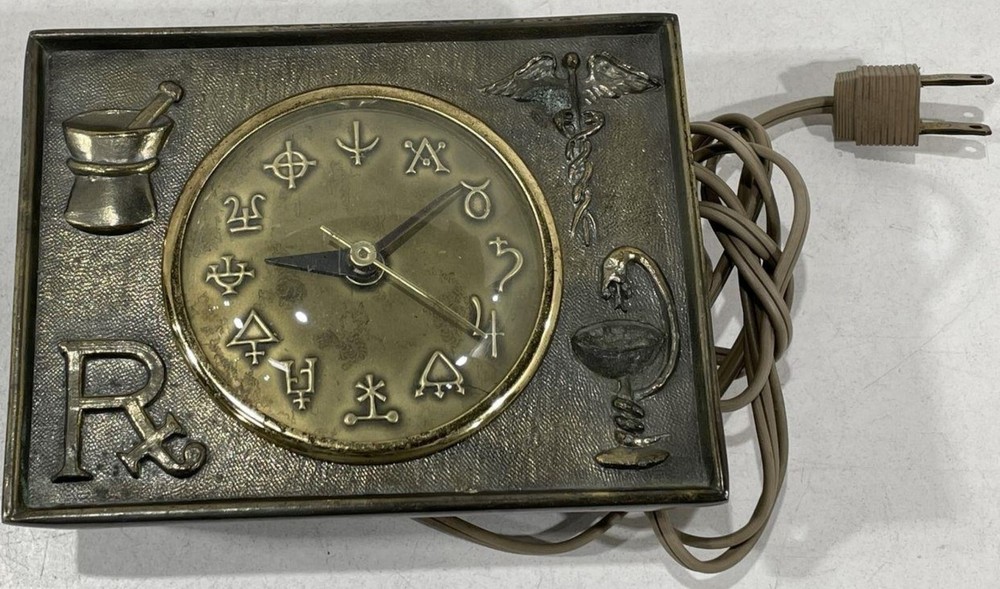 Vintage APOTHECARY RX Alchemy Symbols Metal Electric CLOCK WORKS! Rare GERMANY