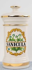 VINTAGE 1970’s SANICULA APOTHECARY JAR BOTANICAL PHARMACY CERAMIC POTTERY EUC