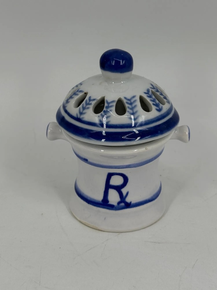 Vintage Apothecary Jar Rx Symbol Pharmacy Potpourri Blue White Ceramic 3.5″