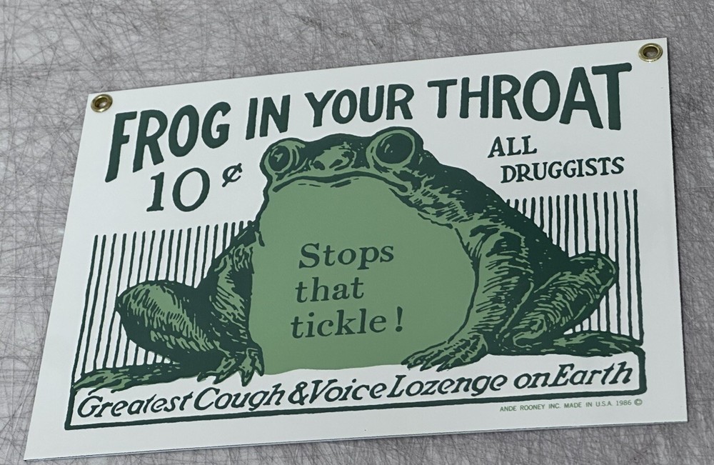 FROG IN YOUR THROAT Porcelain Sign PHARMACY DRUGGIST VINTAGE 1986 NOS 6X9