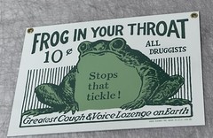 FROG IN YOUR THROAT Porcelain Sign PHARMACY DRUGGIST VINTAGE 1986 NOS 6X9