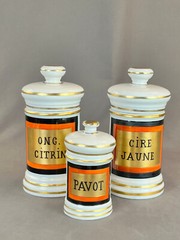 Vintage French Porcelain 7 ½” CIRE JAUNE (Yellow Wax) Apothecary Jar by D.T.