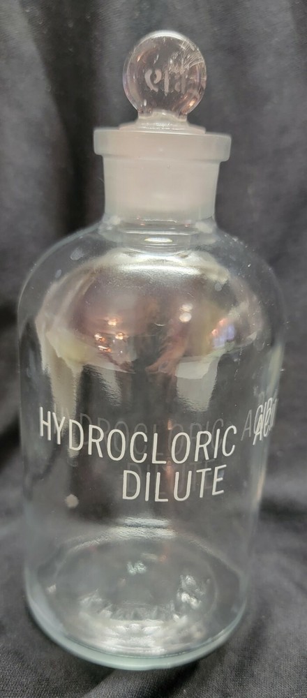 Hydrocloric (Misspelled) Acid Dilute Apothecary Glass & Stopper Vtg Retro KIMAX
