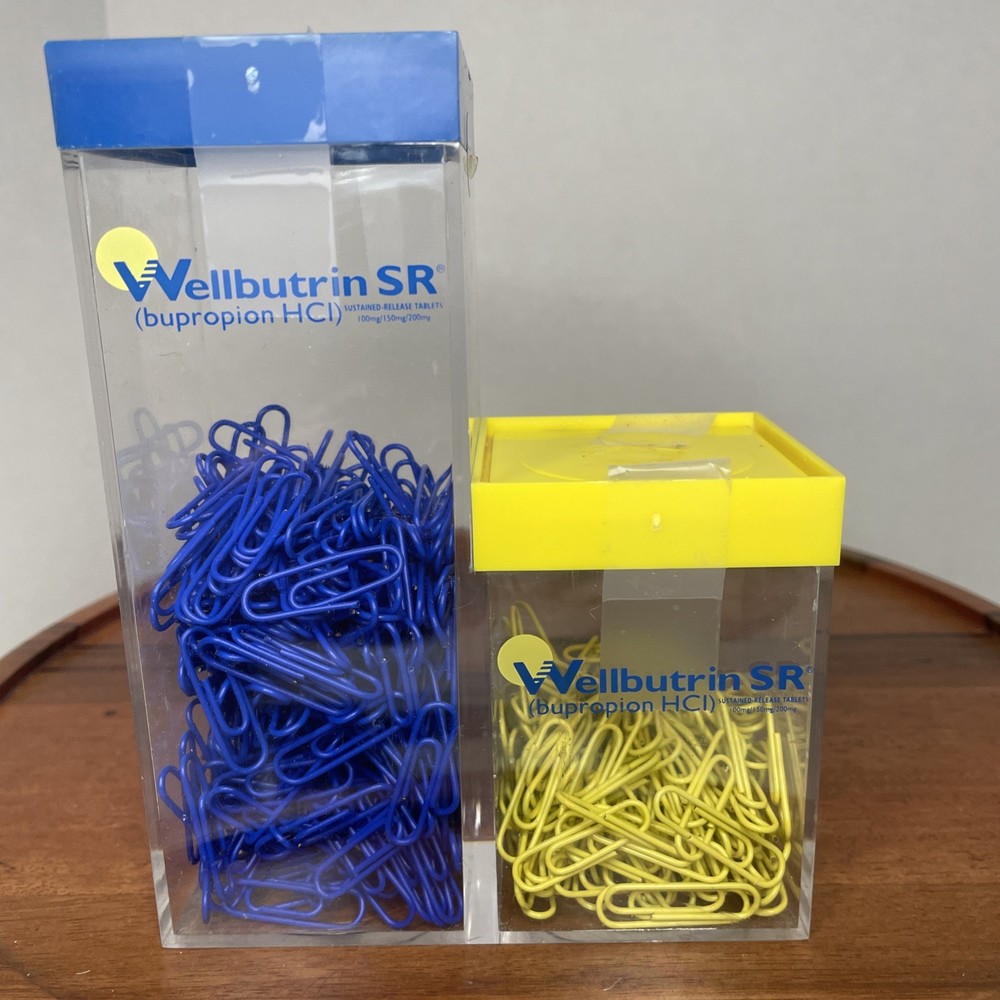 Drug Rep Pharmaceutical Paper Clip Dispenser Container W Clips Yellow Blue Rare