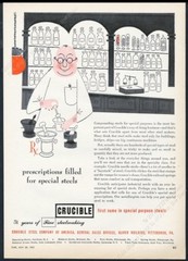 1951 pharmacist mixing drugs art Crucible Steel vintage print ad