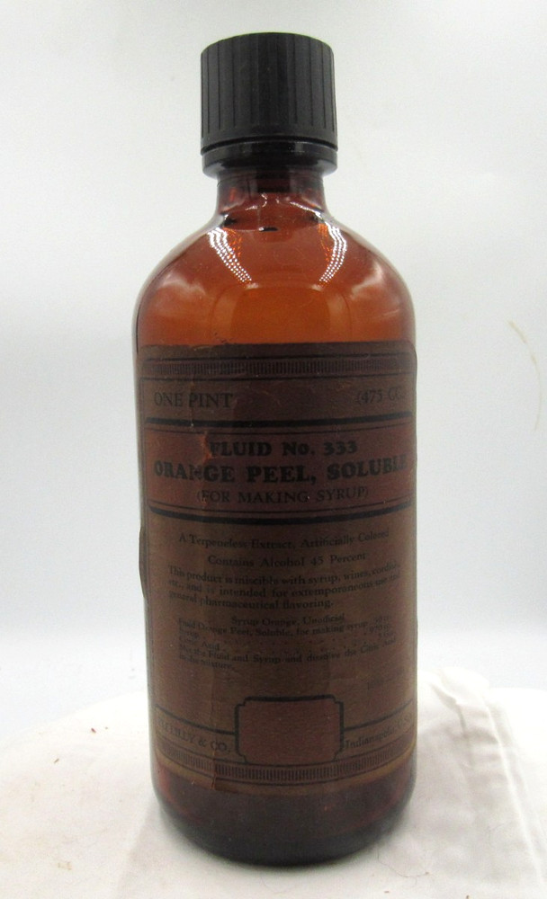 MM – 1940’s Eli Lilly Orange Peel Soluble Indianapolis 8″ Amber Medicine bottle