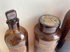 Three Antique Amber Glass Apothecary Medicine Bottles + Labels, Stopper & Cork