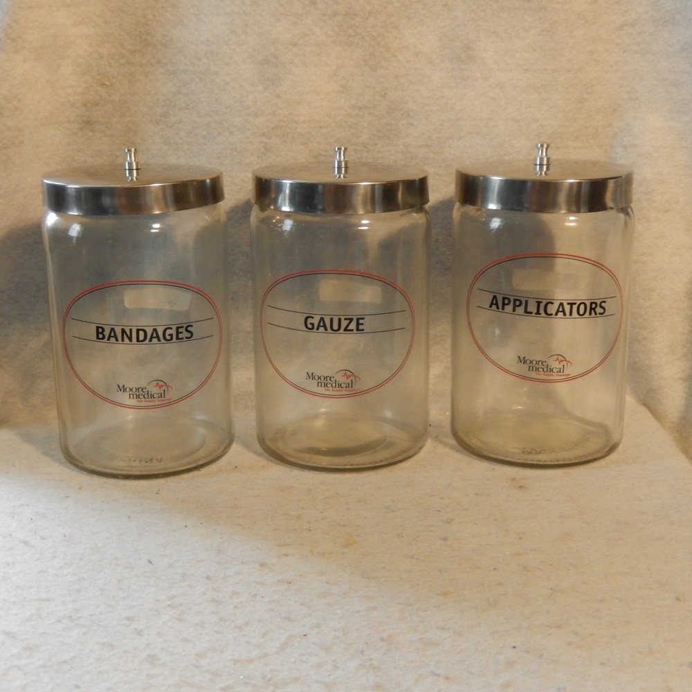 Set 3 Vintage MOORE Medical Supply Glass Jar Apothecary Antique Canisters Gauze