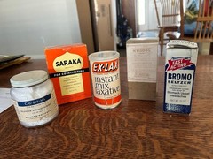 5 vintage stomach and laxative 1950’s including Bromosetzer cobalt bottle, exlax