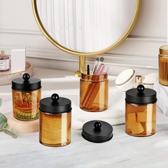 Amolliar Amber Glass Qtip Holder, Apothecary Jars with Black Metal Lid & Stic…