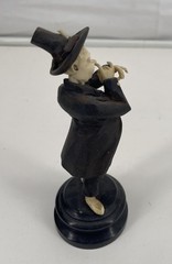 Vintage Hand Carved Chinese Ebony Figurine Boy Playing Flute on Wooden Base