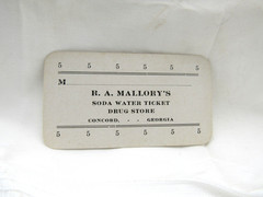 1920’s R.A. Mallory’s Drug Store Soda Water Cardboard Ticket Concord Ga