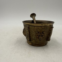 Vintage Brass Mortar and Pestle, Lion Head Design, 2” Tall