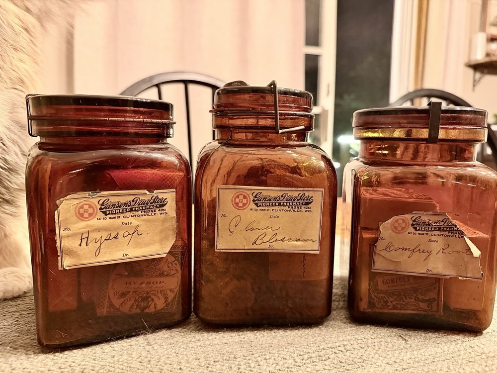 3 Vintage Gansen’s Drug Store Pioneer Pharmacy Amber Glass Jars w/ Labels