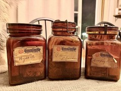 3 Vintage Gansen’s Drug Store Pioneer Pharmacy Amber Glass Jars w/ Labels