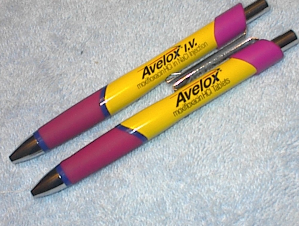 2 AVELOX HEAVY METAL DRUG REP PENS HOT PINK YELLOW & PURPLE NEW EBAY’S ONLY SET