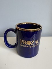 Vintage PROZAC Fluoxetine Hydrochloride Blue & Gold Pharmaceutical Coffee Mug