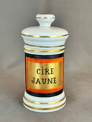 Vintage French Porcelain 7 ½” CIRE JAUNE (Yellow Wax) Apothecary Jar by D.T.