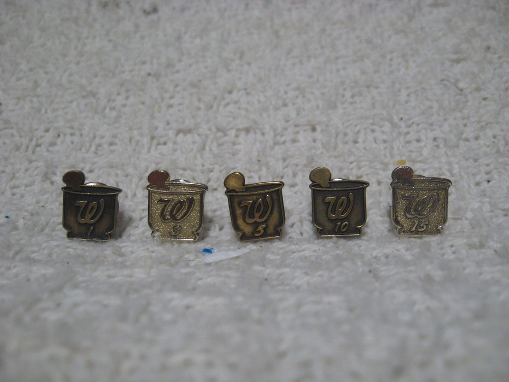Vintage WALGREENS Years 1, 3, 5, 10, and 15 Employee Pharmacy Pins Lot of 5
