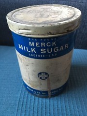 Vtg MERCK Sugar Milk metal tin Lactose paper label RAHWAY NJ rx