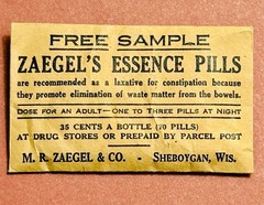 Antique Sample Historical Medicine ZAEGEL’S ESSENCE PILLS LAXATIVE Sheboygan WIS